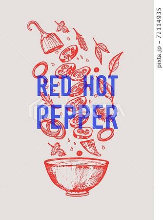 Red hot chili peppers in vintage style. Salad ingredients. Farm vegetable logo label . Vector 72114935