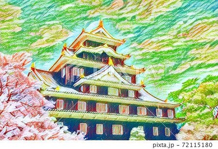 岡山城のクレヨン画のイラスト素材
