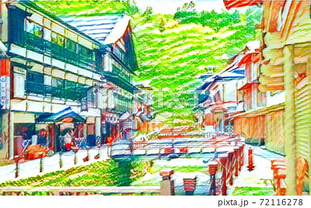 銀山温泉のクレヨン画のイラスト素材