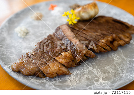 wagyu beef well done steak in plate wagyu beef well done steak in plate 72117119