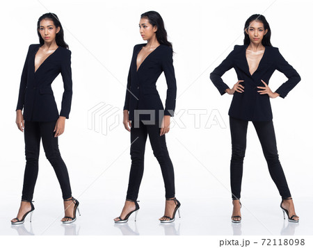 Asian Woman black hair stand 360 turn rear side back view isoalted Asian Woman black hair stand 360 turn rear side back view isoalted 72118098