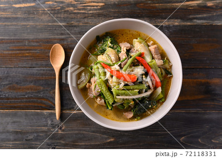Northern Thai food (Kaeng Khae), Spicy curry soup with pork and mixed local vegetables Northern Thai food (Kaeng Khae), Spicy curry soup with pork and mixed local vegetables 72118331