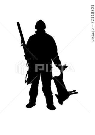 A hunter with a gun holds in his hands prey a hare 72118801