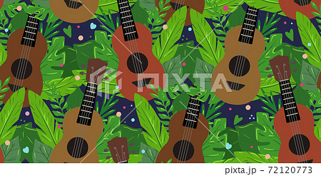 Seamless pattern with flat ukuleles with musical notes and tropical leaves on dark background. Hawaiian music. Musical string instrument. Seamless cartoon nature texture 72120773