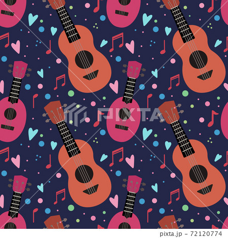 Seamless pattern with flat ukuleles with musical notes and hearts on dark violet background. Love music. Musical string instrument. Seamless cartoon texture 72120774