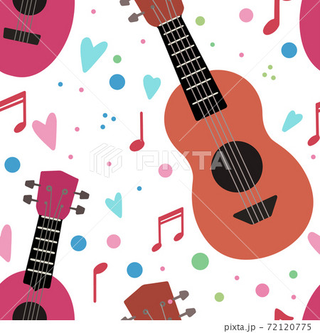 Seamless pattern with flat ukuleles with musical notes and hearts on white background. Love music. Musical string instrument. Seamless cartoon texture 72120775