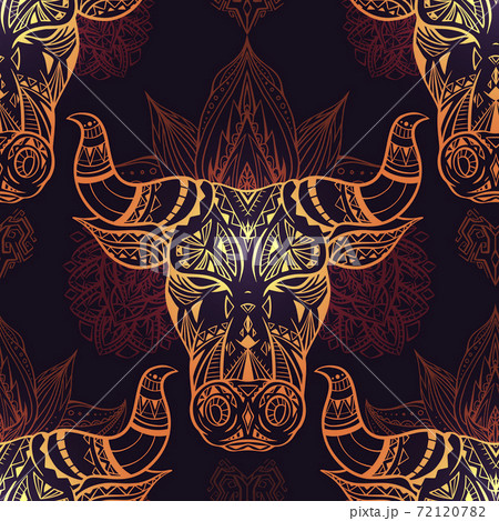 Seamless pattern with gold ethnic bull head with mehendi decoration and mandala on dark background. Symbol of the new year with tribal decoration. Vector texture 72120782