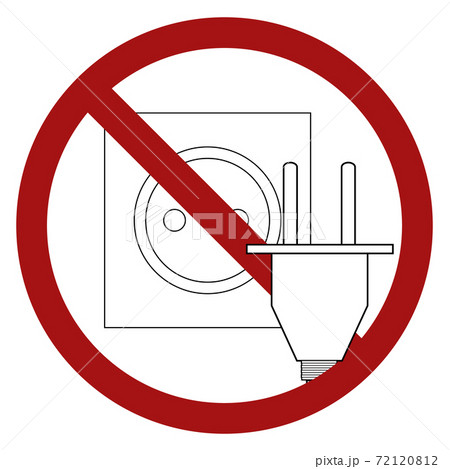 Ban on the use of electricity. Contour illustration of a socket and plug in a prohibition sign. Danger of electric current. Vector outline element 72120812