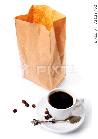 espresso cup and coffee beans pack. good morning concept. composition on the white background 72123762