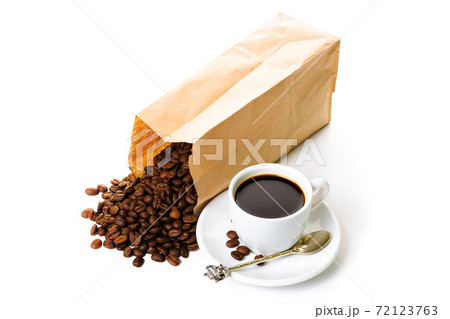 espresso cup and coffee beans pack. good morning concept. composition on the white background 72123763
