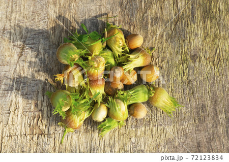 Green hazelnuts on the wooden table, autumn harvest of nuts 72123834