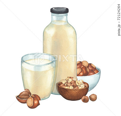 Watercolor glass and bottle of the plant based milk surrounded by bowls of hazelnuts and nuts. Watercolor glass and bottle of the plant based milk surrounded by bowls of hazelnuts and nuts. 72124264