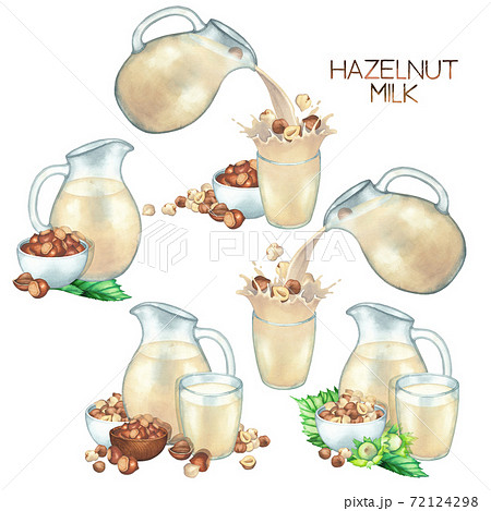 Watercolor collection of plant based milk in the glass jugs and cups decorated with hazelnuts. 72124298