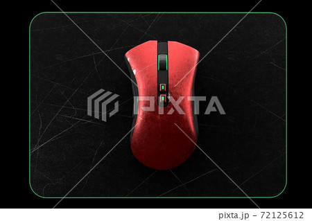 Used metal red gaming mouse with scratches on professional pad isolated on black Used metal red gaming mouse with scratches on professional pad isolated on black 72125612