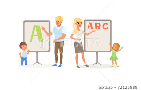 Man and Woman Teaching Kids Alphabet Letters Vector Illustration Set Man and Woman Teaching Kids Alphabet Letters Vector Illustration Set 72125989