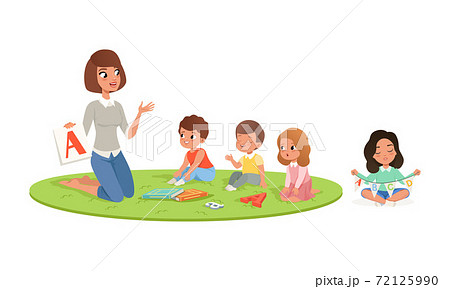 Young Woman Holding Abc Cards and Teaching Kid Alphabet Letters Vector Illustration Set Young Woman Holding Abc Cards and Teaching Kid Alphabet Letters Vector Illustration Set 72125990