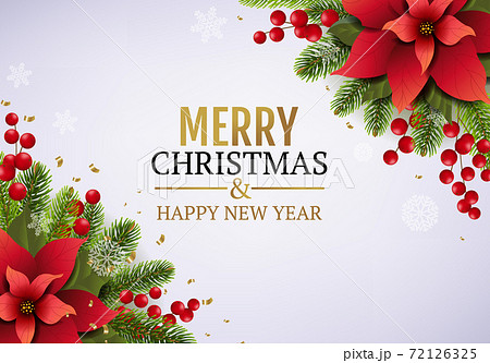 New Year Postcard With Fir Tree Garlands And Poinsettia New Year Postcard With Fir Tree Garlands And Poinsettia 72126325