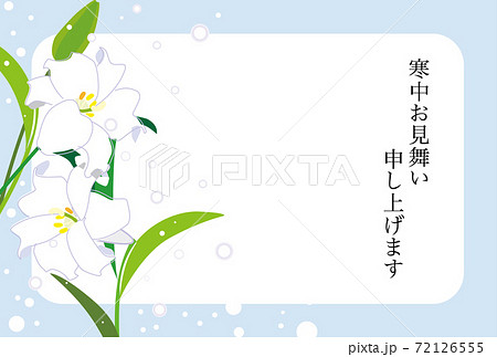 百合の花と雪の寒中お見舞いのイラスト素材