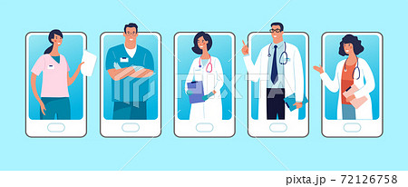 Set of phones with male and female characters of doctors on the screen. Concept of online clinic, call and video consultation with medical specialists. Flat vector illustration. Set of phones with male and female characters of doctors on the screen. Concept of online clinic, call and video consultation with medical specialists. Flat vector illustration. 72126758
