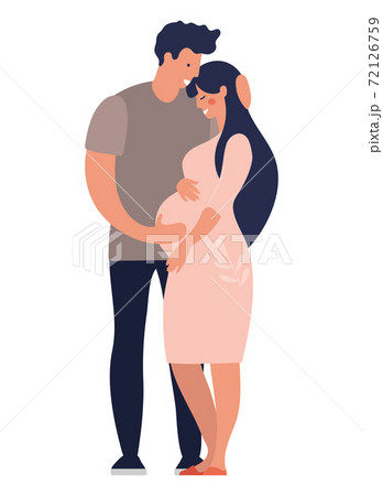 Young modern happy family is expecting a baby. A man hugs a pregnant wife. A pregnant girl and a young father are standing. Flat cartoon vector illustration for design. 72126759