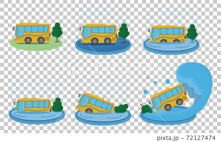 Vector illustration set of yellow sightseeing bus suffering from flooding 72127474