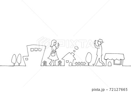 人々と町並みの線画イラスト 72127665