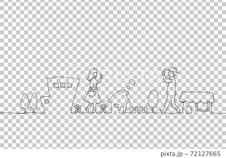 人々と町並みの線画イラスト 72127665