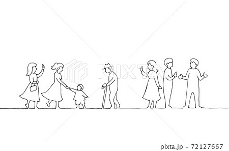 いろいろな人々が集う手描き線画イラストのイラスト素材 [72127667