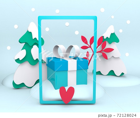 Blogger Phone taking photo of the Gift on a blue background with Christmas tree. Festive gift box for Christmas,  New Year. Social media design for greeting cards, banners and blogs. 3D rendering  72128024