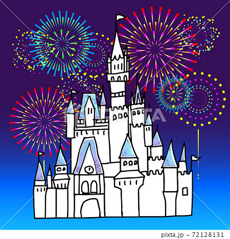 シンデレラの城と花火の手書き線画イラストのイラスト素材