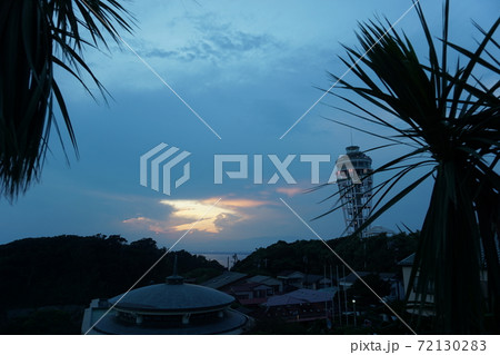 Palm trees, sunset. Lighthouse in the background. Evening on Enoshima Island, Japan 72130283