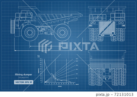 Blueprint of mining dumper. Side, back and front view. Outline heavy truck image. Industrial drawing of cargo car. Diesel  automobile blueprint 72131013