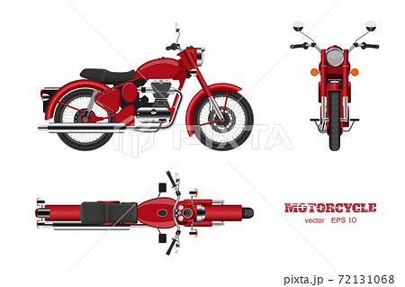Retro classic motorcycle in realistic style. Side, top and front 3d view. Detailed image of vintage red motorbike on white background Retro classic motorcycle in realistic style. Side, top and front 3d view. Detailed image of vintage red motorbike on white background 72131068