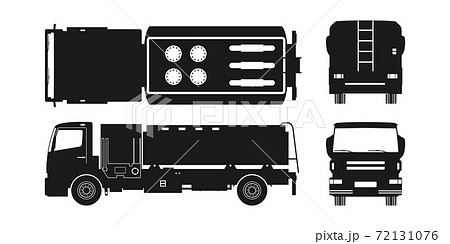 Black silhouette of air fuel truck. Front, side, top and back view. Maintenance of aircraft. Airfield transport. Tanker for airplane. Industrial blueprint 72131076