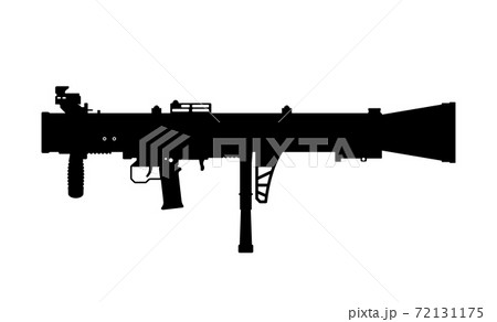 Black silhouette of rocket launcher on white background. Weapon of USA army. Isolated image of grenade gun. Military american ammunition Black silhouette of rocket launcher on white background. Weapon of USA army. Isolated image of grenade gun. Military american ammunition 72131175