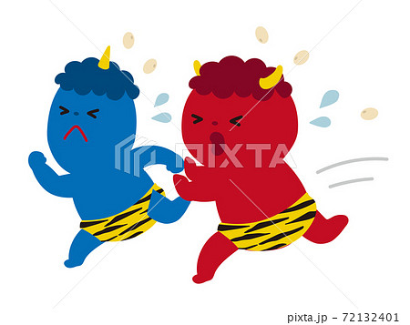 節分　豆まき　逃げる赤鬼と青鬼 72132401