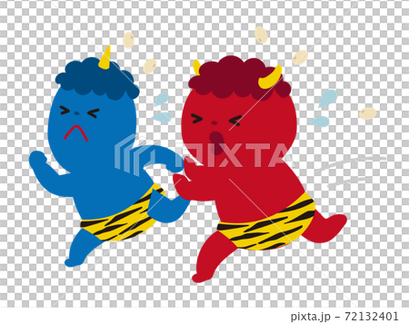 節分　豆まき　逃げる赤鬼と青鬼 72132401