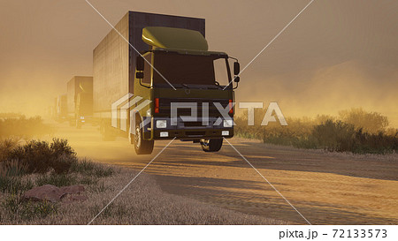 Military trucks on a desert road at dusk 3D 72133573