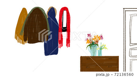 コートやマフラー等の防寒具であふれてくる花が飾られた玄関のイラストのイラスト素材