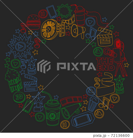 Movie, cinema set. Pattern doodle background with vector icons. 72136600