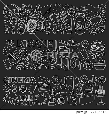 Movie, cinema set. Pattern doodle background with vector icons. Movie, cinema set. Pattern doodle background with vector icons. 72136618