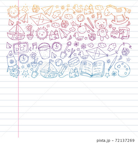 Kindergarten with toys. Pattern for children. Little preschool kids education. Drawing, learning, play 72137269