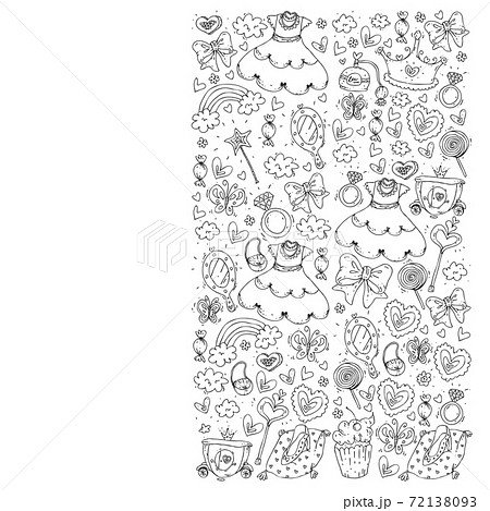Princess birthday party for little girls. Kindergarten, school children picture. Illustration for children with castle, fairy, dress, crown. 72138093