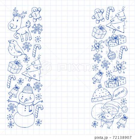 Christmas winter party. Happy new year. Bullfinch, Santa Claus, snowman, deer. Presents and candy. Christmas winter party. Happy new year. Bullfinch, Santa Claus, snowman, deer. Presents and candy. 72138907