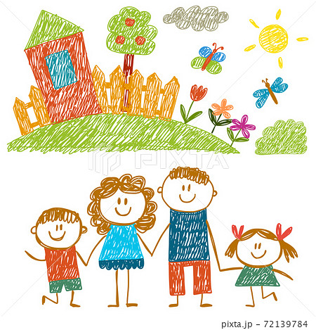 Happy family with house. Kids drawing. Kindergarten children illustration. Mother, father, sister, brother. Parents, childhood. 72139784