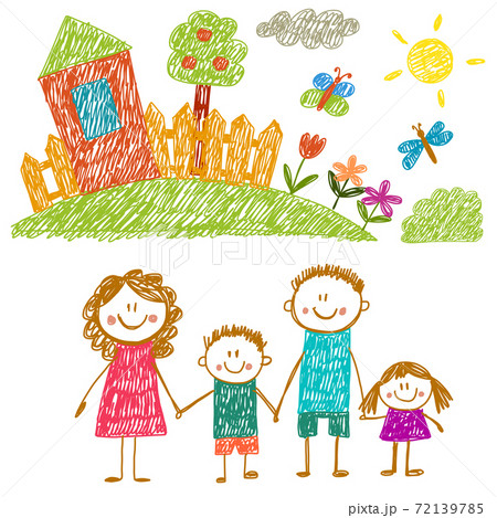 Happy family with house. Kids drawing. Kindergarten children illustration. Mother, father, sister, brother. Parents, childhood. Happy family with house. Kids drawing. Kindergarten children illustration. Mother, father, sister, brother. Parents, childhood. 72139785