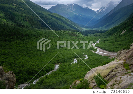 Green river valley canyon wide summer panorama North Caucasus 72140619