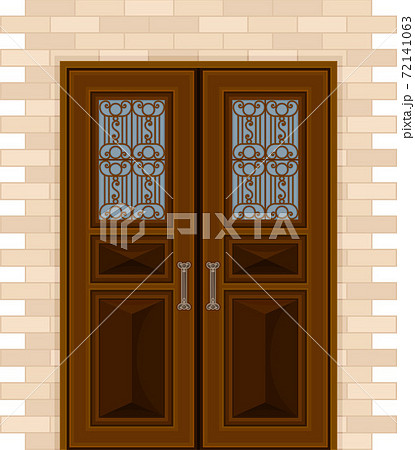 Wooden Double Door with Ornamental Window and Doorknob as Building Entrance Exterior Vector Illustration Wooden Double Door with Ornamental Window and Doorknob as Building Entrance Exterior Vector Illustration 72141063