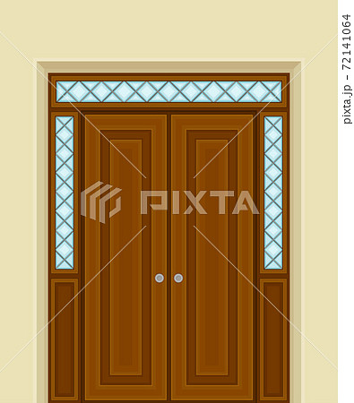 Wooden Double Door with Ornamental Side Window and Doorknob as Building Entrance Exterior Vector Illustration Wooden Double Door with Ornamental Side Window and Doorknob as Building Entrance Exterior Vector Illustration 72141064