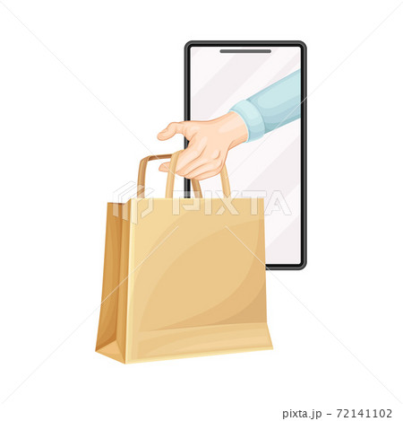 Human Hand Passing Craft Bag Through Smartphone Screen Vector Illustration 72141102